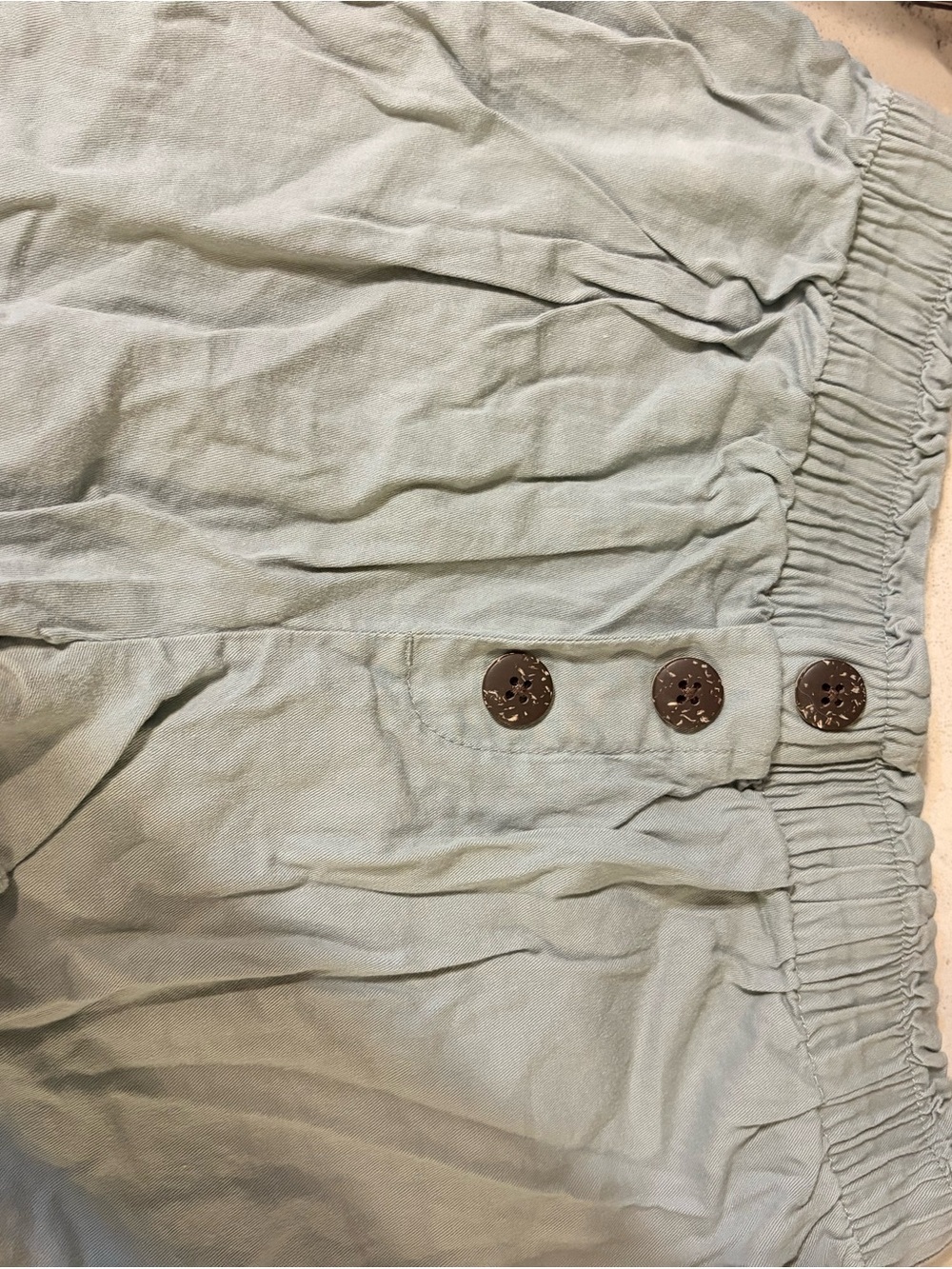 Roxy Light Sage Green Elastic Waist Shorts with Decorative Buttons